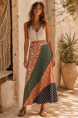 Free People Hidden Earth Maxi Skirt Womens 6 Patchwork Boho Cotton Festival